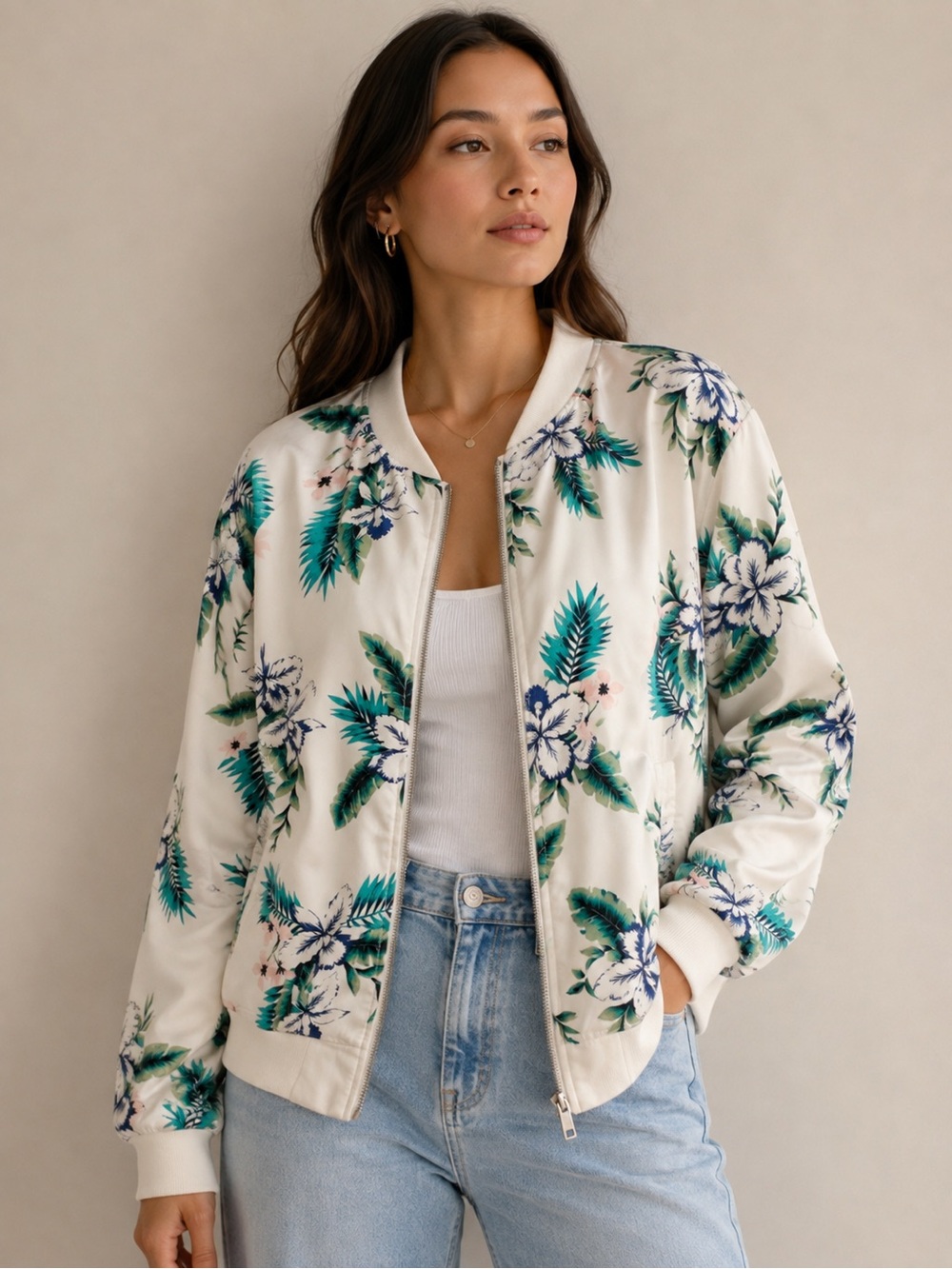 CUPCAKES & CASHMERE Tropical Floral Zip-Front Bomber Jacket